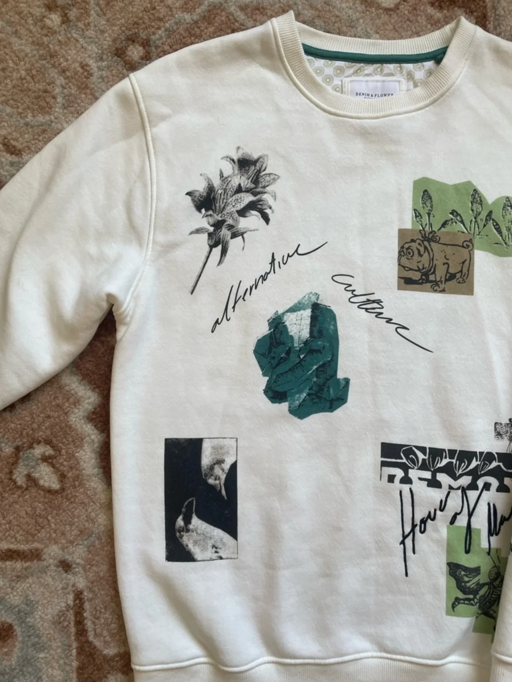 Denim & Flower White Crewneck Sweatshirt with Green Graphic Accents